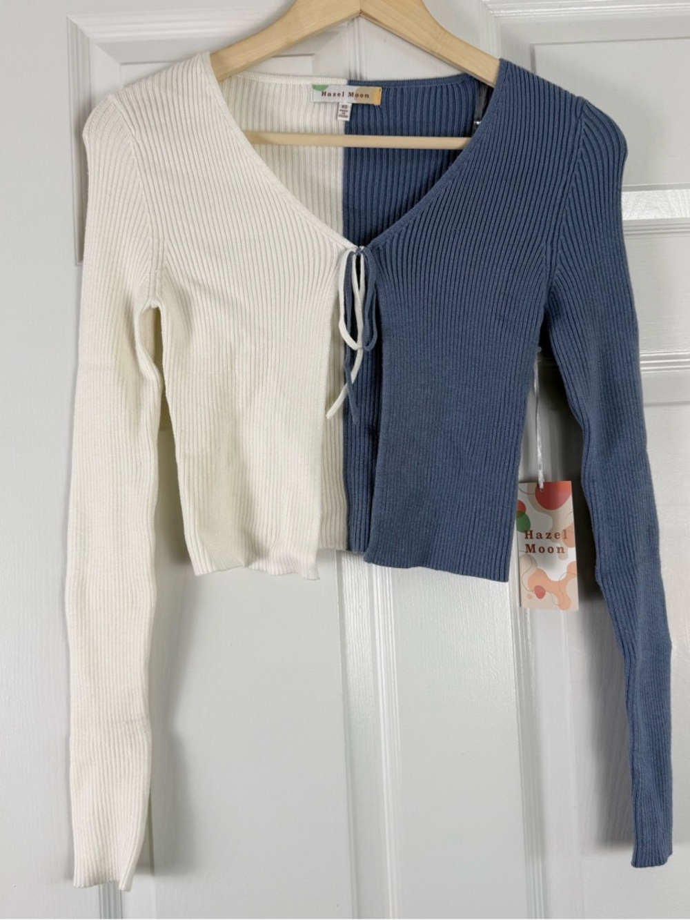 NWT Hazel Moon Two-Tone Ribbed Knit Open Top or Cardigan Cream & Dusty Blue XS